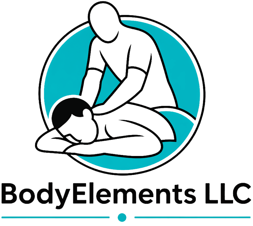 Logo of BodyElements LLC with a person giving a massage.