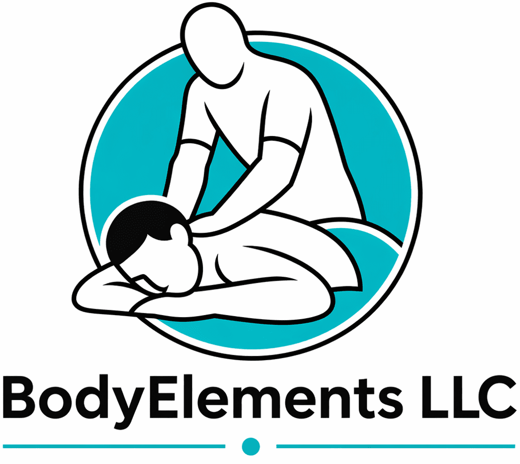Logo of BodyElements LLC showing a figure giving a massage.
