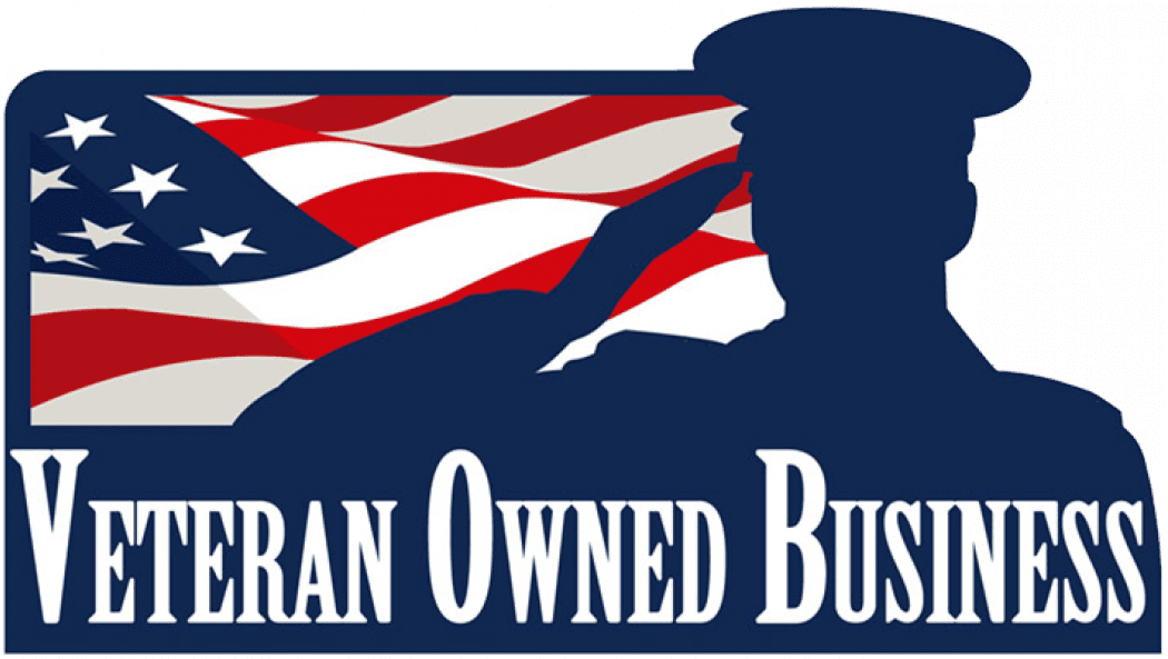 Logo showing a silhouette saluting in front of an American flag with text 'Veteran Owned Business'.
